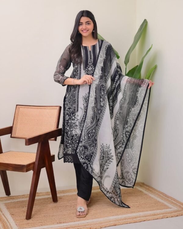 Black Organza Silk 3 Pcs  Suit Set