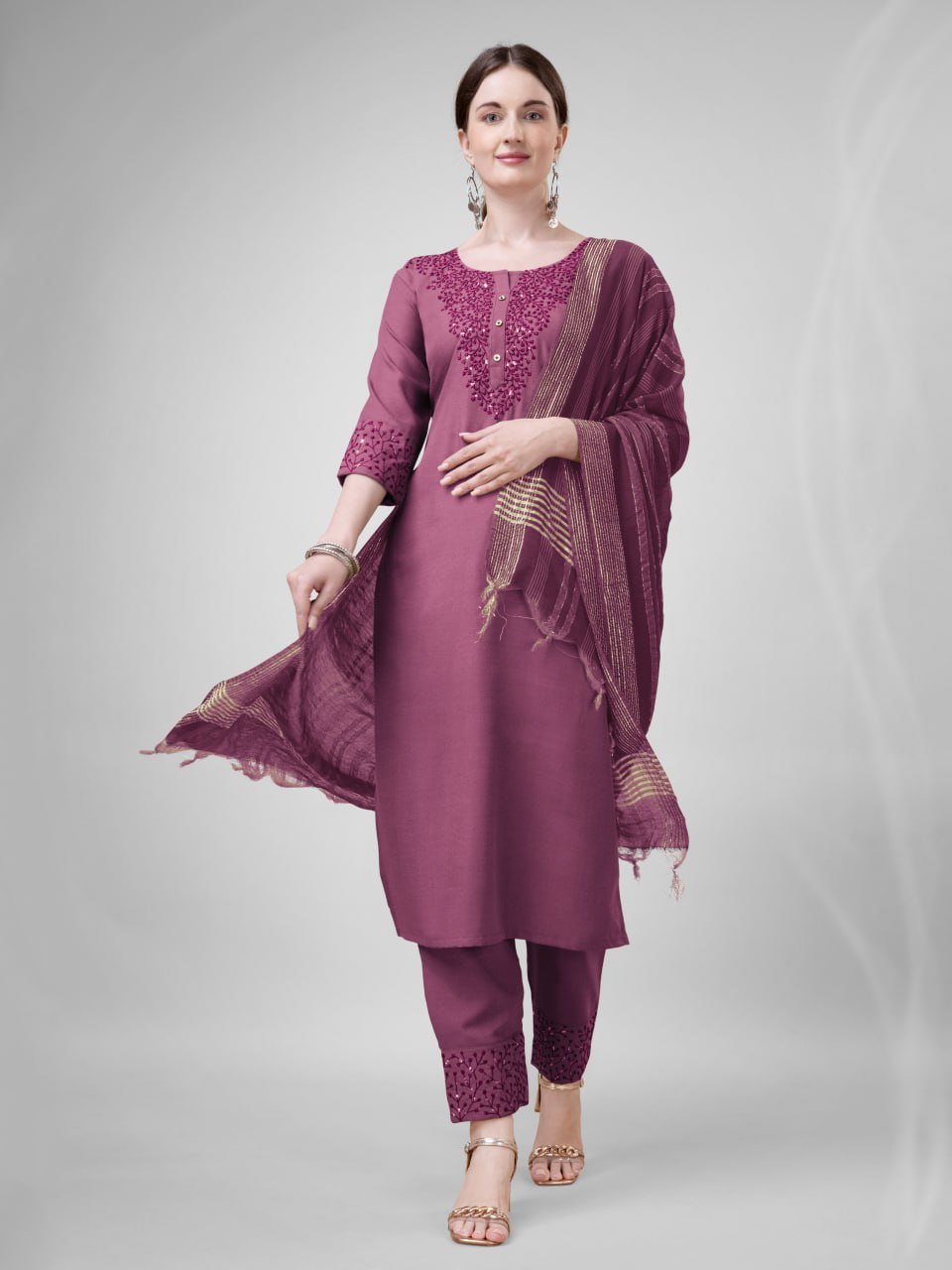Fully Stiched Cotton Blend Kurti Pant Dupatta - Image 2